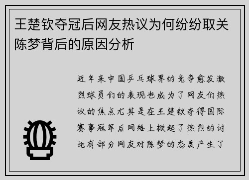 王楚钦夺冠后网友热议为何纷纷取关陈梦背后的原因分析